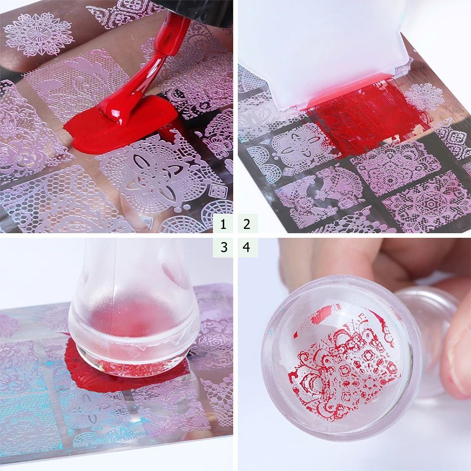 4pcs Nail Art Stamping Plate Flower Lace Patterns Image Stencil Stamper Gradient Nail Brush Nail Set Template Tools LYBC10