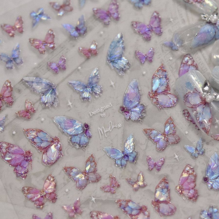 2pcs 5D Kawaii Butterfly Nail Stickers Luxury Glitter Shell Aurora Nail Art Decorations Decals DIY Manicure Slider Foil False Nails Accessories