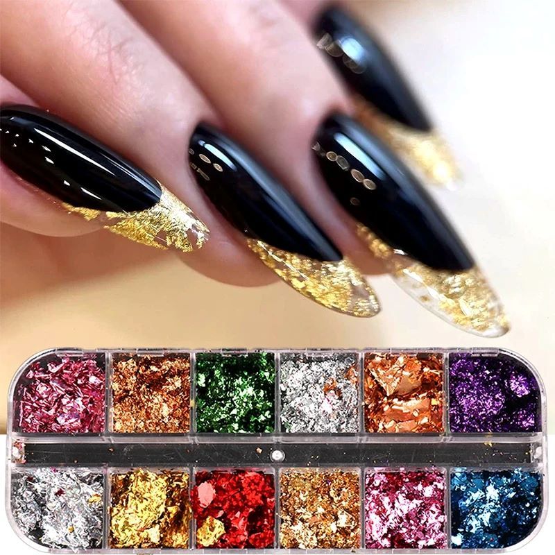 1 Box 12 Color Foil Pieces Nail Glitter Glitter Nail Decoration False Nails 
 Accessories