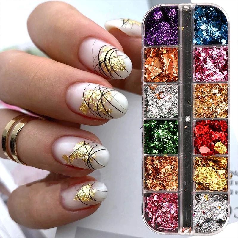 1 Box 12 Color Foil Pieces Nail Glitter Glitter Nail Decoration False Nails 
 Accessories