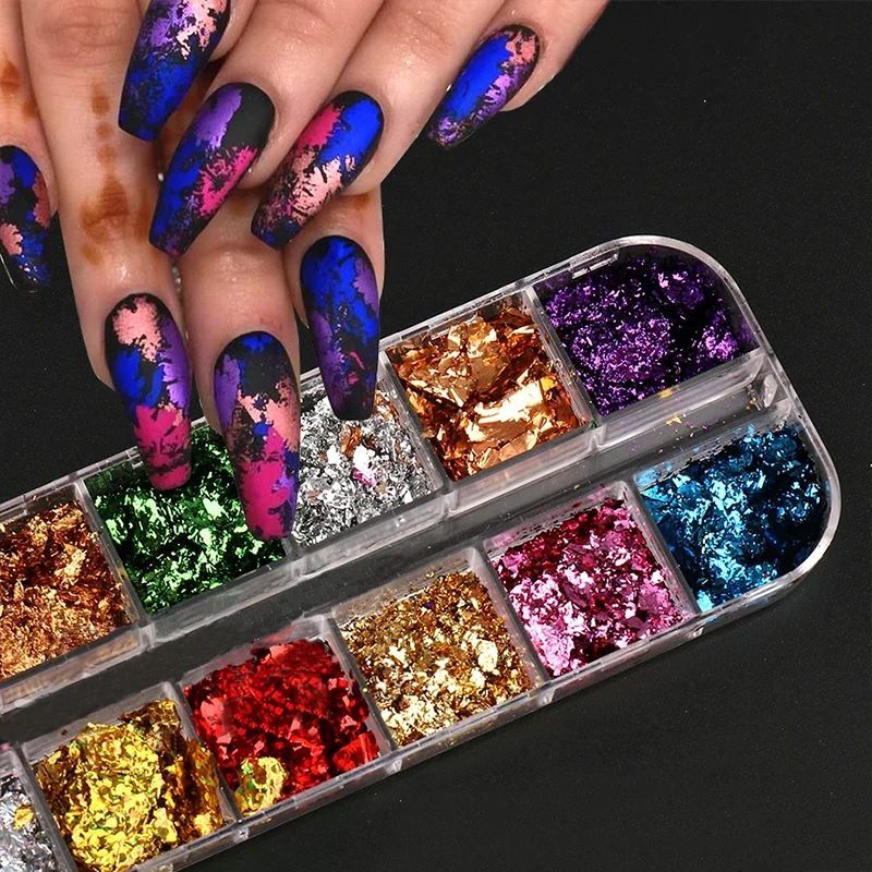 1 Box 12 Color Foil Pieces Nail Glitter Glitter Nail Decoration False Nails 
 Accessories