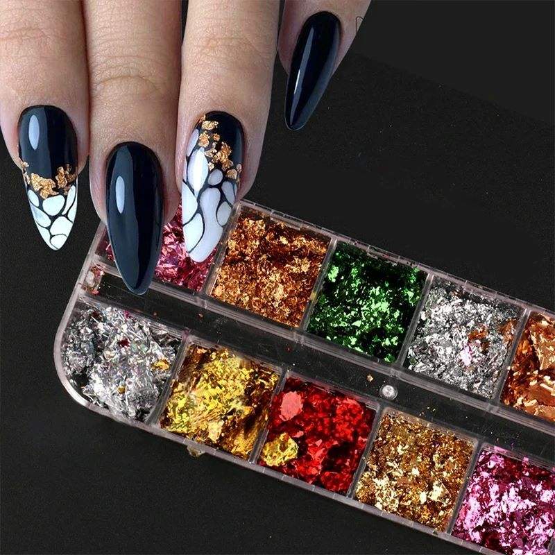 1 Box 12 Color Foil Pieces Nail Glitter Glitter Nail Decoration False Nails 
 Accessories