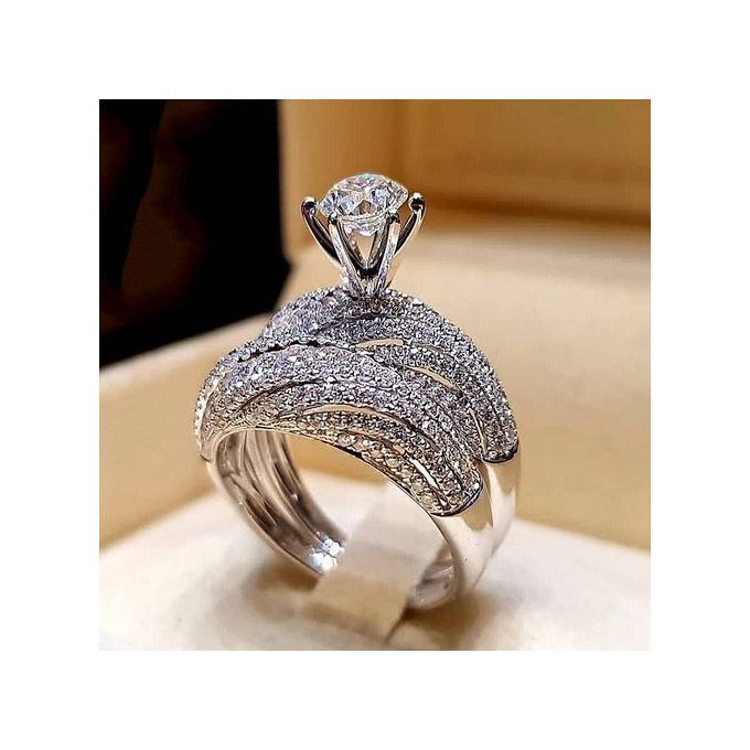 2Pcs/Set  Elegant Silver Color Hip Hop Ring for Women Luxurious Inlaid White Zircon Stones Wedding Rings Set Bridal Engagement Jewelry Women Jewelry Rings