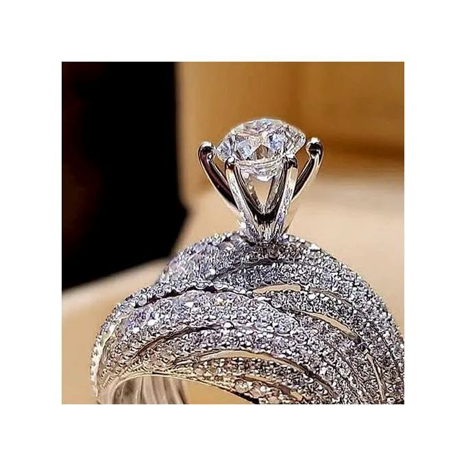 2Pcs/Set  Elegant Silver Color Hip Hop Ring for Women Luxurious Inlaid White Zircon Stones Wedding Rings Set Bridal Engagement Jewelry Women Jewelry Rings