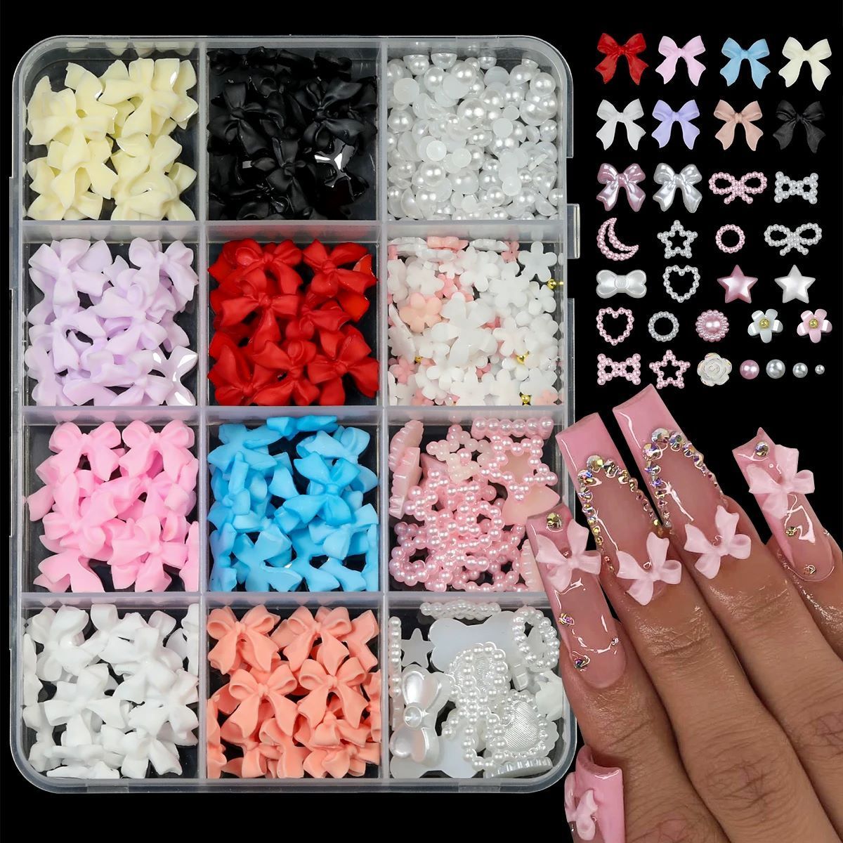 12Grids/box Mixed Resin Bowknot Nail Art Decorations 3D Acrylic Charms Kawaii Colorful Bow Rhinestone DIY Manicure Tools Parts False Nails Accessories
