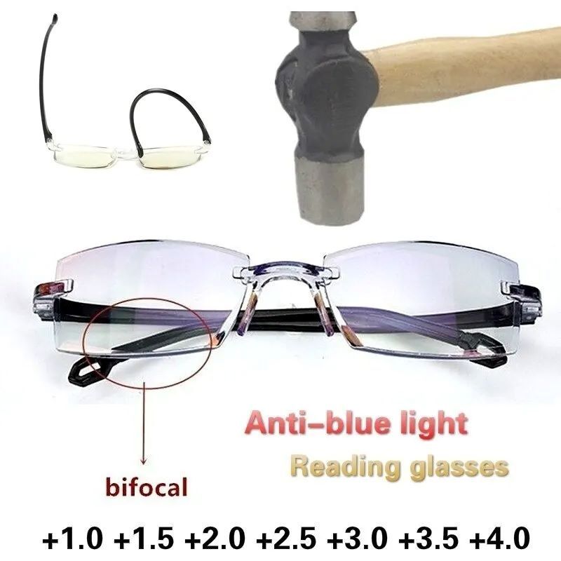 1 Pair New Men Women Rimless Reading Glasses Anti Blue Light Bifocal Far Near Magnification Eyewear Presbyopic Glasses +150 +200
