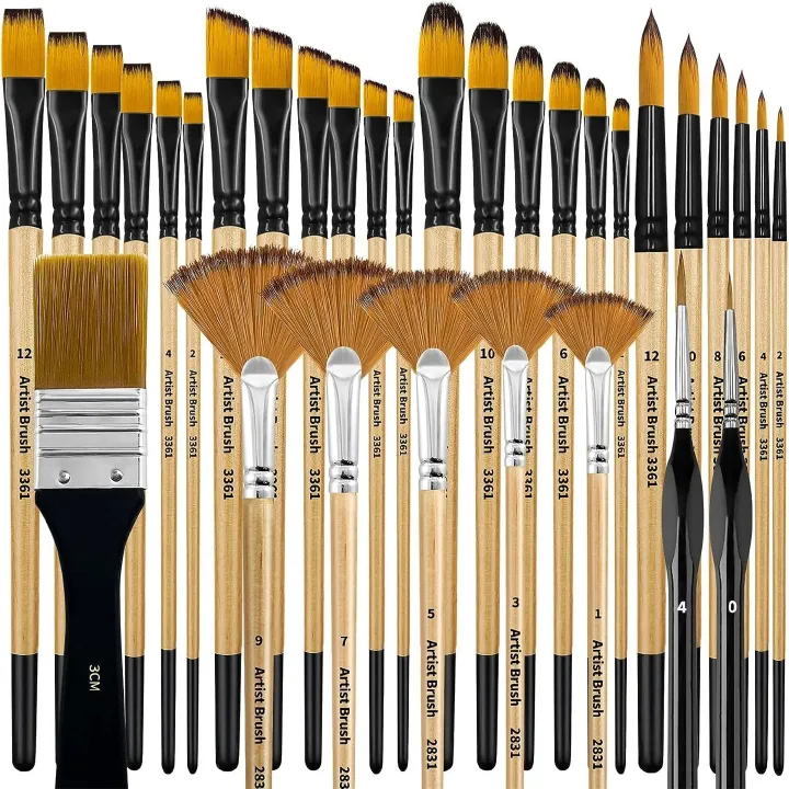 32 Pcs Paint Brushes for Acrylic Painting, Premium Nylon Bristles with Round, Filbert, Flat, Fan, Angle, Fine Detail Brush, Pain