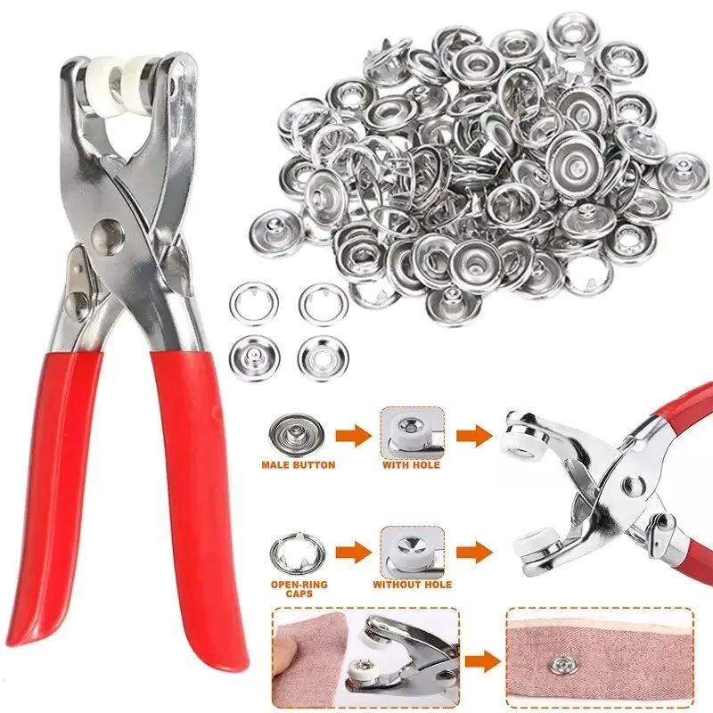 400pcs Prong Rings 9.5mm Buckle Buttons Metal Colour Pliers Snap Button Claw DIY Set Hand Pressure Plier Rivet Buckle Sew Tool Hand Tools