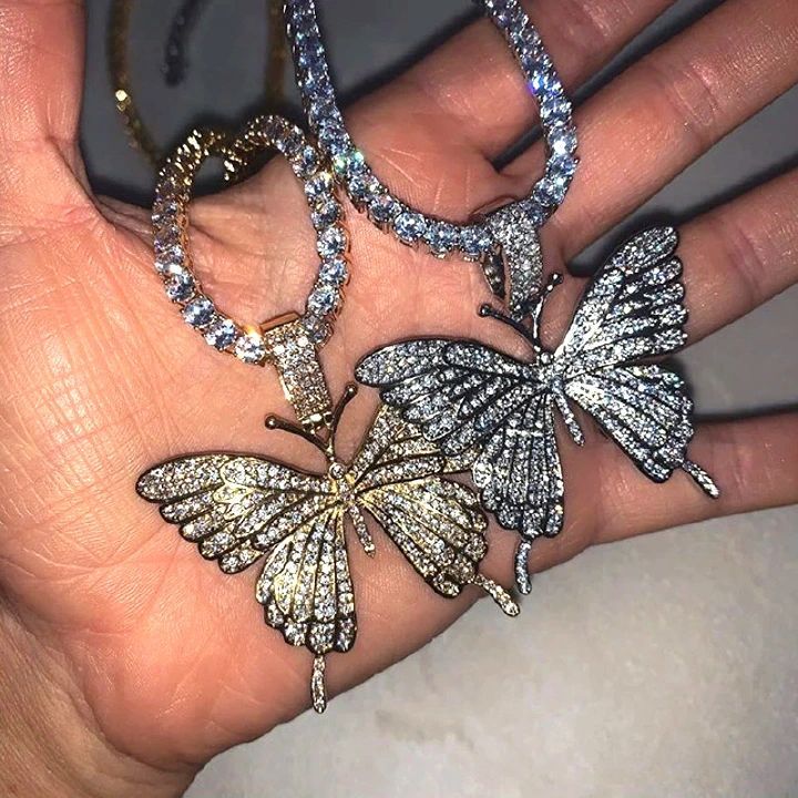 2PCS Butterfly Necklace Diamond Butterfly Pendant Necklace Hip Hop Jewelry Tennis Choker Women Pendant Necklaces