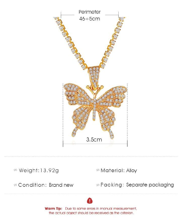 2PCS Butterfly Necklace Diamond Butterfly Pendant Necklace Hip Hop Jewelry Tennis Choker Women Pendant Necklaces