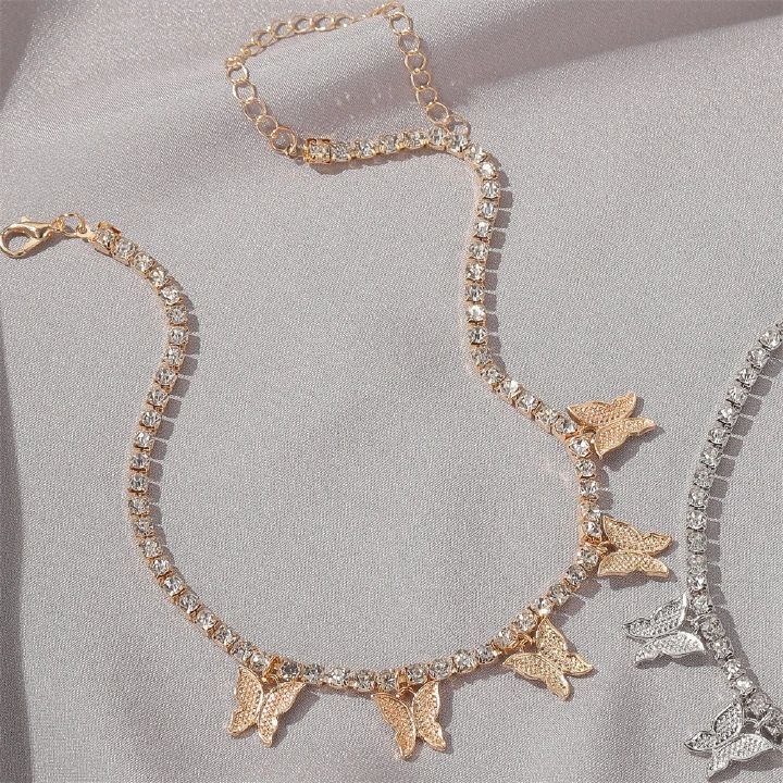 2PCS Butterfly Necklace Diamond Butterfly Pendant Necklace Hip Hop Jewelry Tennis Choker Women Pendant Necklaces