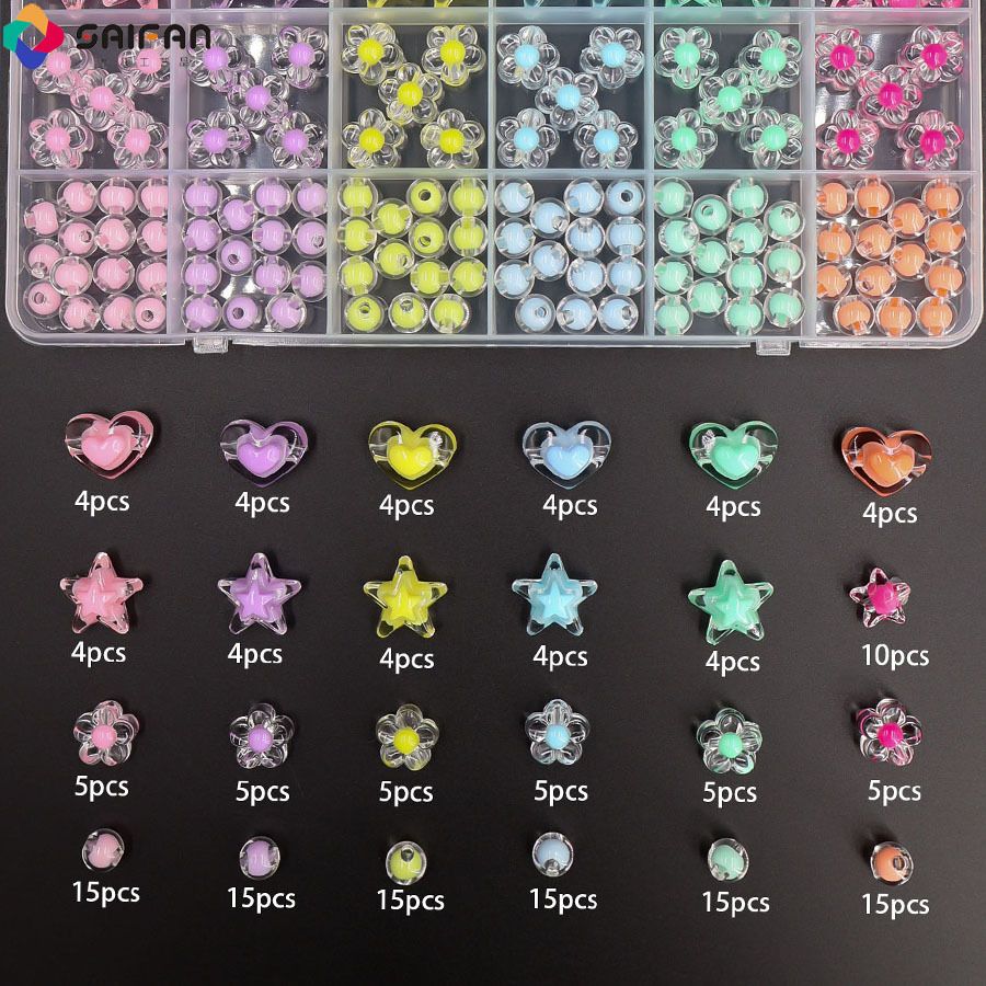174pcs/Box Heart Acrylic Beads Flower Round Spacer Loose Beads Kits for Bracelet Keychain Jewelry Making Accessories Jewelry Making Kits