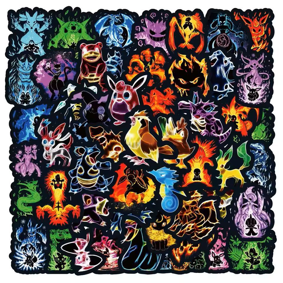 60Pcs Neon Pokemon Graffiti Stickers Anime Decorative Laptop Skateboard Phone Waterproof Cool Cartoon Sticker for Kids