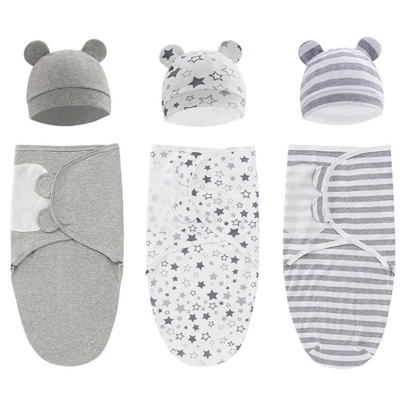 Newborn Sleeping Bag Hat Set Cotton Baby Swaddle Blanket Wrap Adjustable New Born Sleep Sack Infant Sleepwear 0-6M