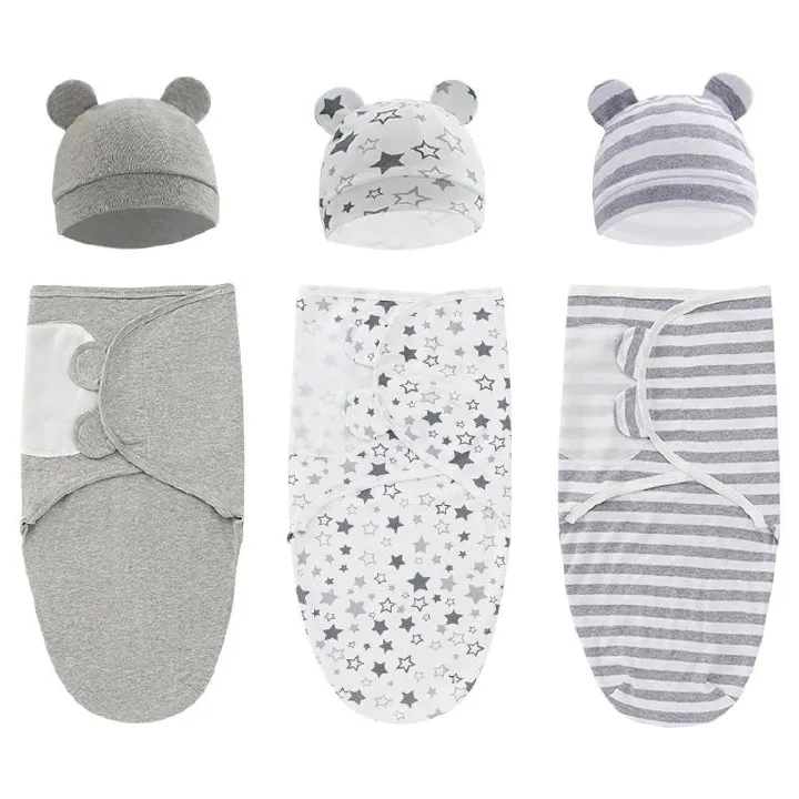 Newborn Sleeping Bag Hat Set Cotton Baby Swaddle Blanket Wrap Adjustable New Born Sleep Sack Infant Sleepwear 0-6M