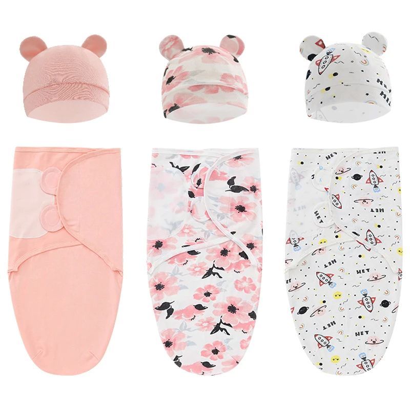 Newborn Sleeping Bag Hat Set Cotton Baby Swaddle Blanket Wrap Adjustable New Born Sleep Sack Infant Sleepwear 0-6M