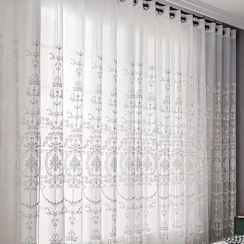 Sheer Curtains White Embroidered Floral Voile Drapes for Living room, Bedroom
