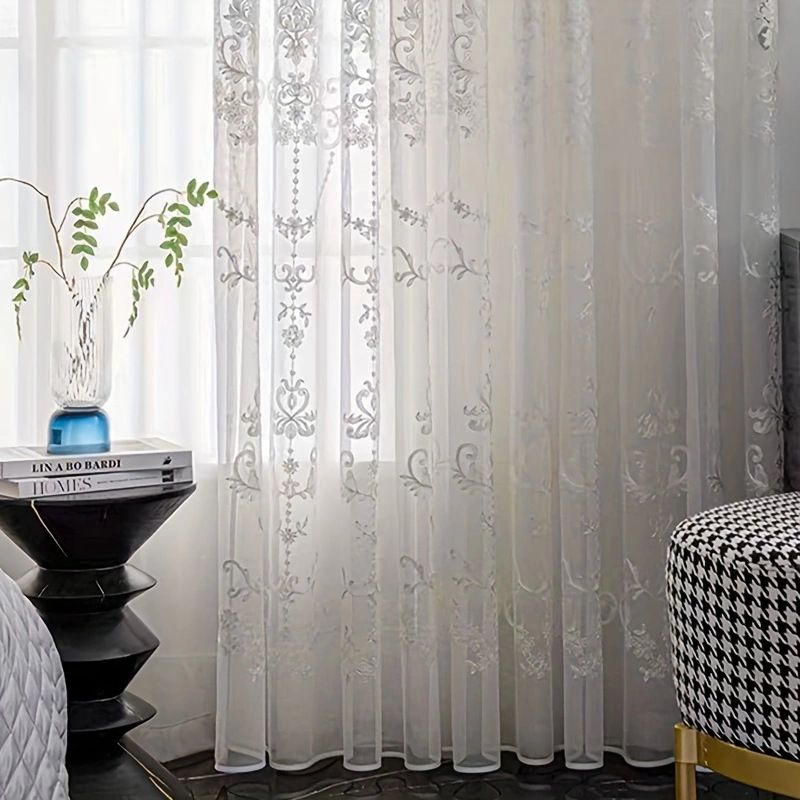 Sheer Curtains White Embroidered Floral Voile Drapes for Living room, Bedroom