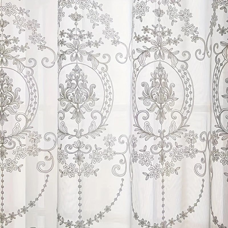 Sheer Curtains White Embroidered Floral Voile Drapes for Living room, Bedroom