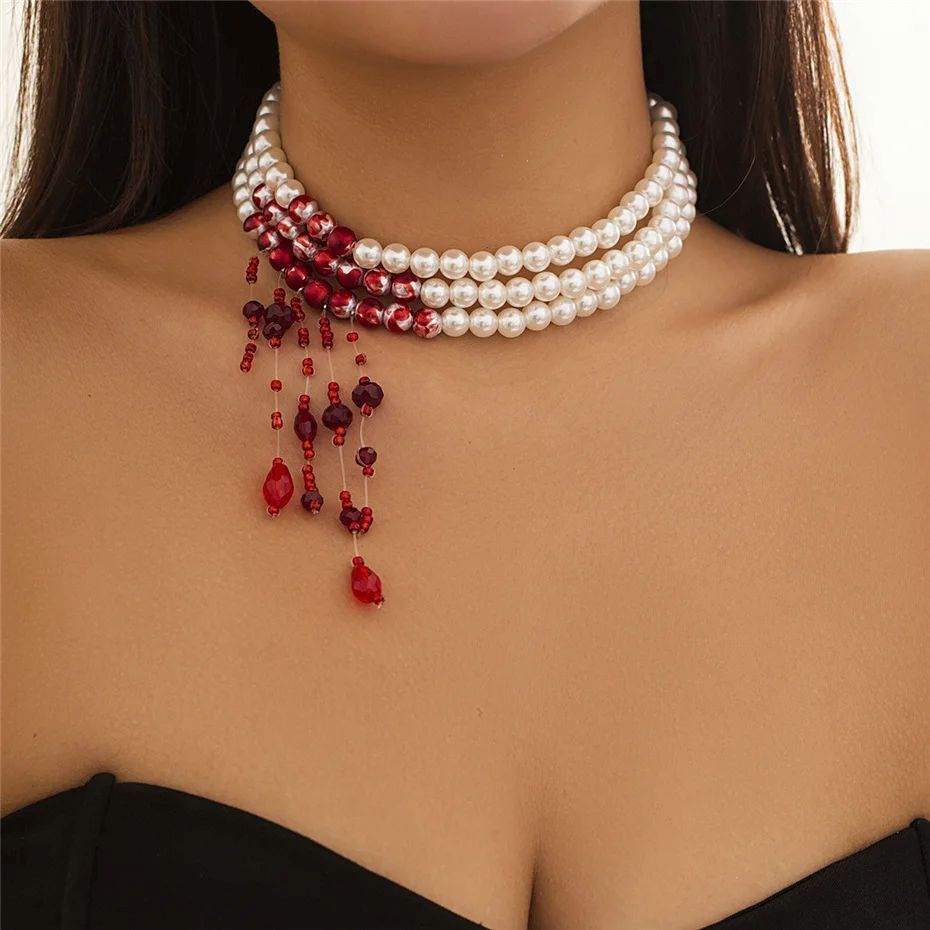 Multilayer Vintage Red Blood Pattern Imitation Pearl Tassel Pendant Necklace for Women Goth Crystal Bead Chain Halloween Jewelry