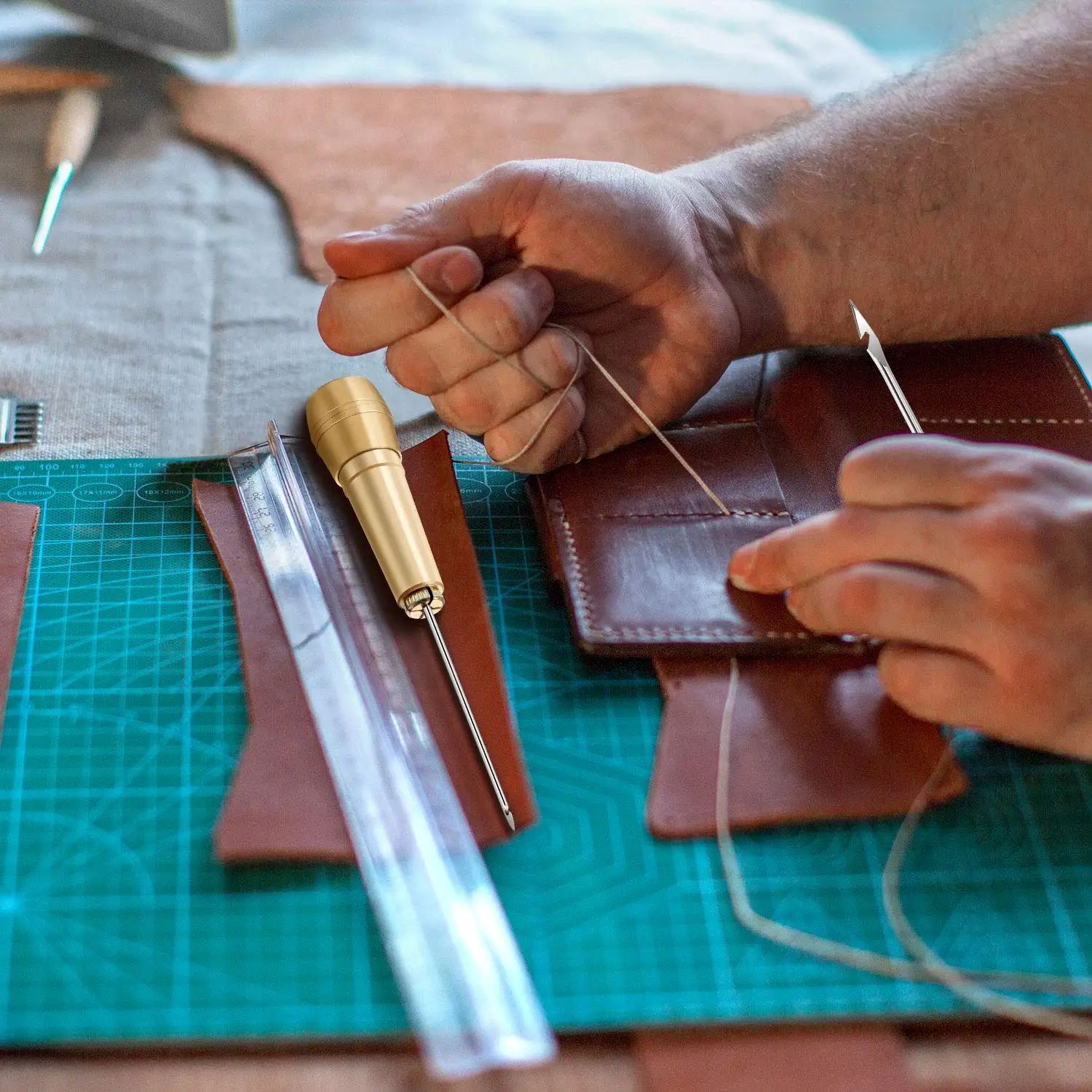 8PC Leather Sewing Kit DIY Leather Sewing Awl Needle With Copper Handle Set Leather Canvas Tent Shoes Repairing Tool W/Nylon Thread