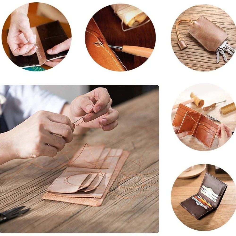 8PC Leather Sewing Kit DIY Leather Sewing Awl Needle With Copper Handle Set Leather Canvas Tent Shoes Repairing Tool W/Nylon Thread