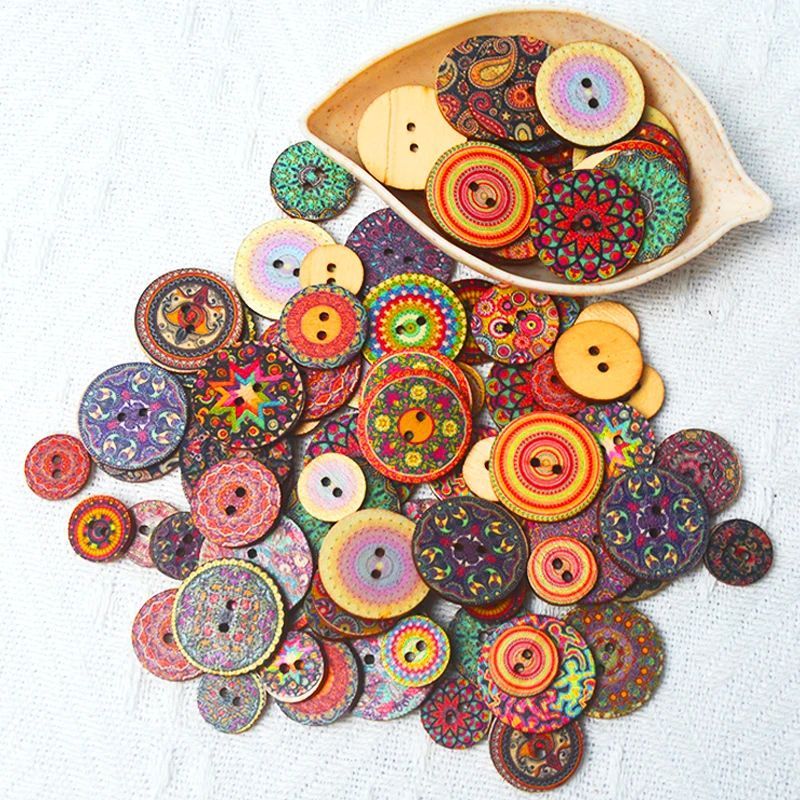 100pcs Retro Wooden Buttons 2 Holes Handwork Sewing Scrapbook Clothing Bosian Style Button DIY Crafts Accessories Decor