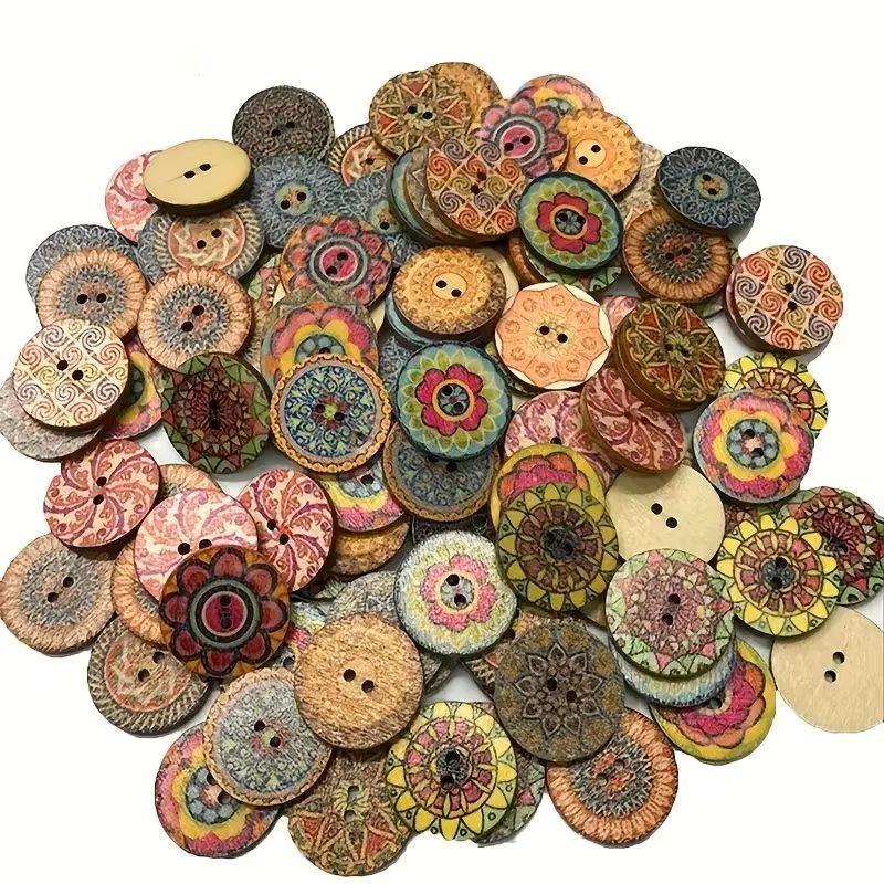 100pcs Retro Wooden Buttons 2 Holes Handwork Sewing Scrapbook Clothing Bosian Style Button DIY Crafts Accessories Decor