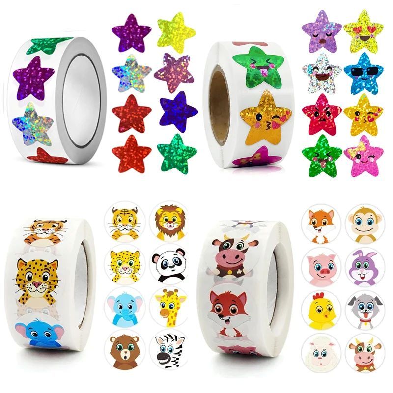 1000pcs Colorful Star Adhesive Holographic Star Stickers Zoo Farm Scrapbook Sticker Roll Labels For Kids DIY Gift Toys