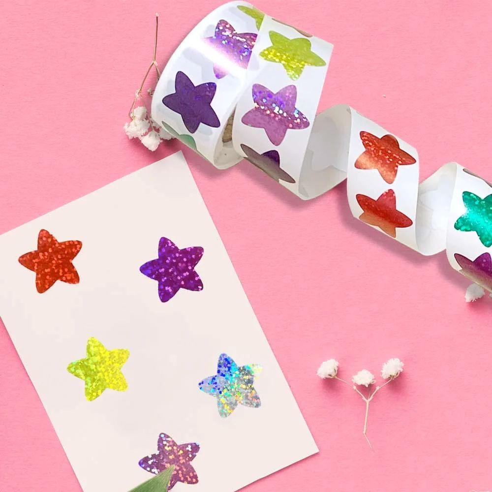 1000pcs Colorful Star Adhesive Holographic Star Stickers Zoo Farm Scrapbook Sticker Roll Labels For Kids DIY Gift Toys