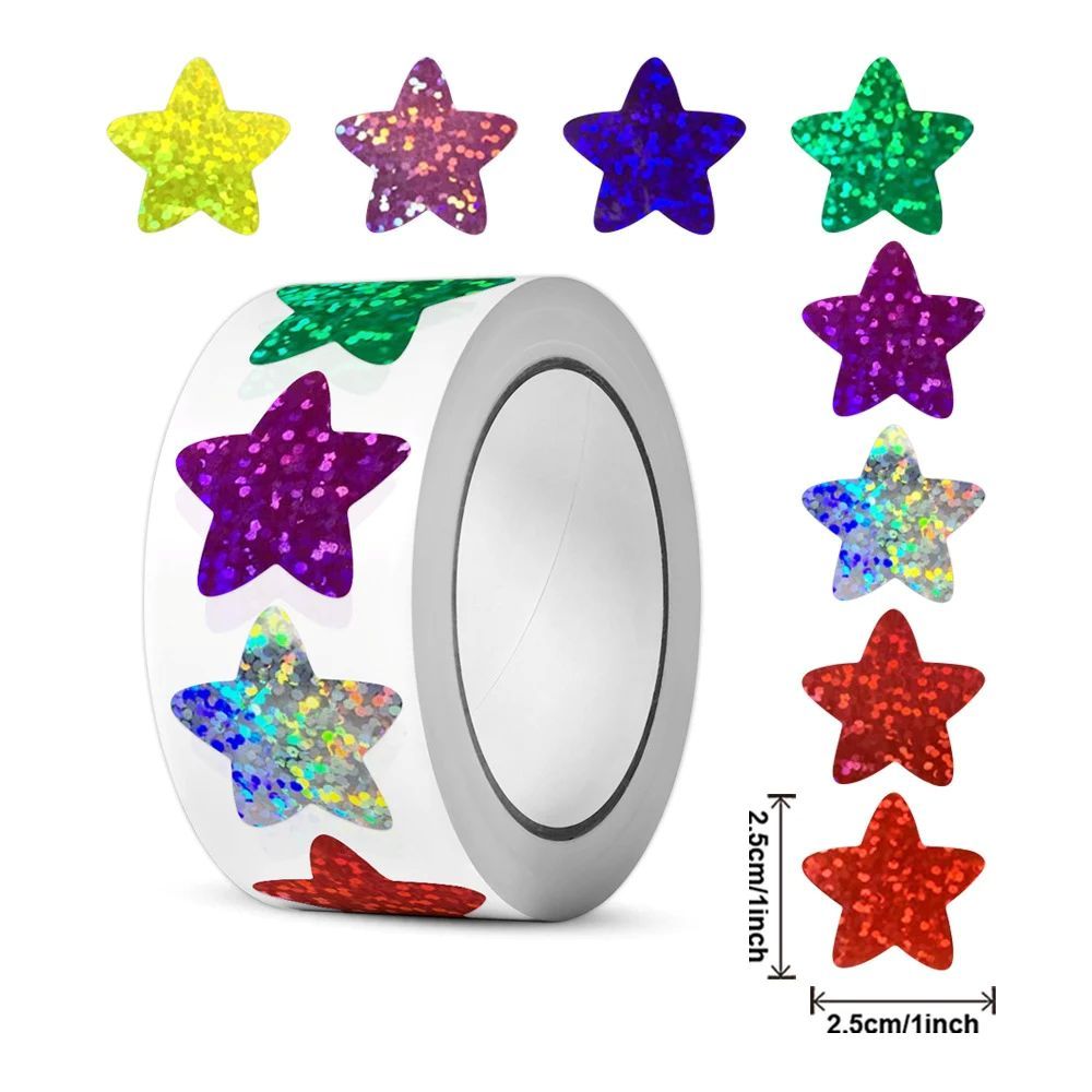 1000pcs Colorful Star Adhesive Holographic Star Stickers Zoo Farm Scrapbook Sticker Roll Labels For Kids DIY Gift Toys