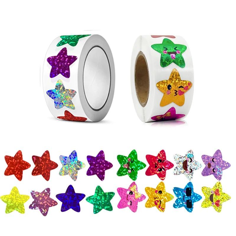 1000pcs Colorful Star Adhesive Holographic Star Stickers Zoo Farm Scrapbook Sticker Roll Labels For Kids DIY Gift Toys