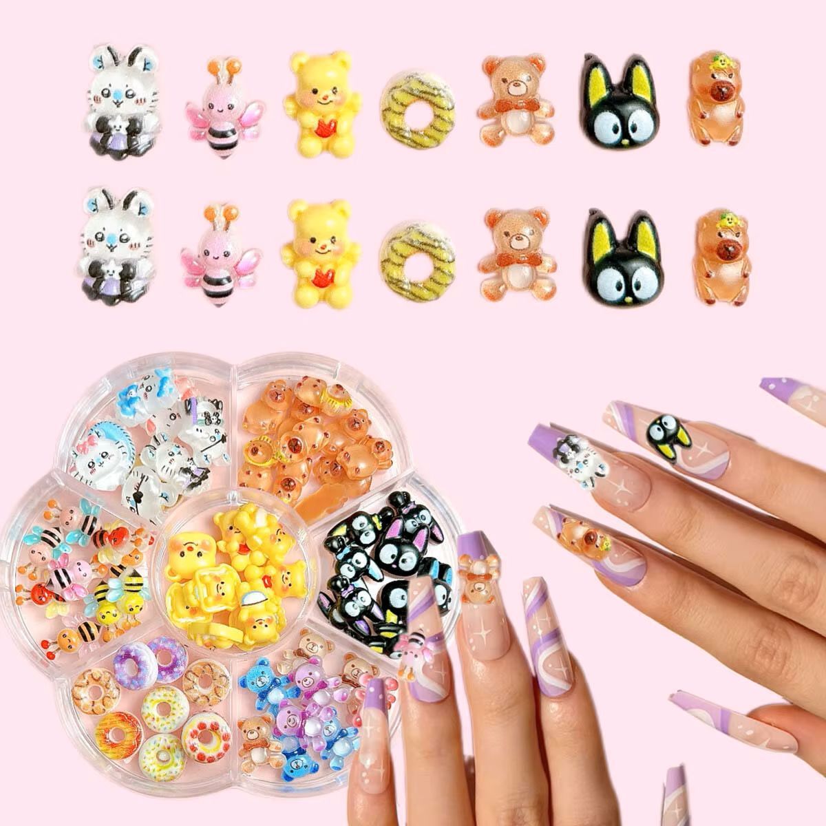 1Box Mixed Cute Simulated Dessert Candy Butterfly Nail Art Decorations 3D Resin Cartoon Cat Fish Bear Nail Charms Supplies