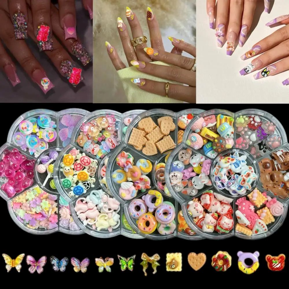 1Box Mixed Cute Simulated Dessert Candy Butterfly Nail Art Decorations 3D Resin Cartoon Cat Fish Bear Nail Charms Supplies view 2