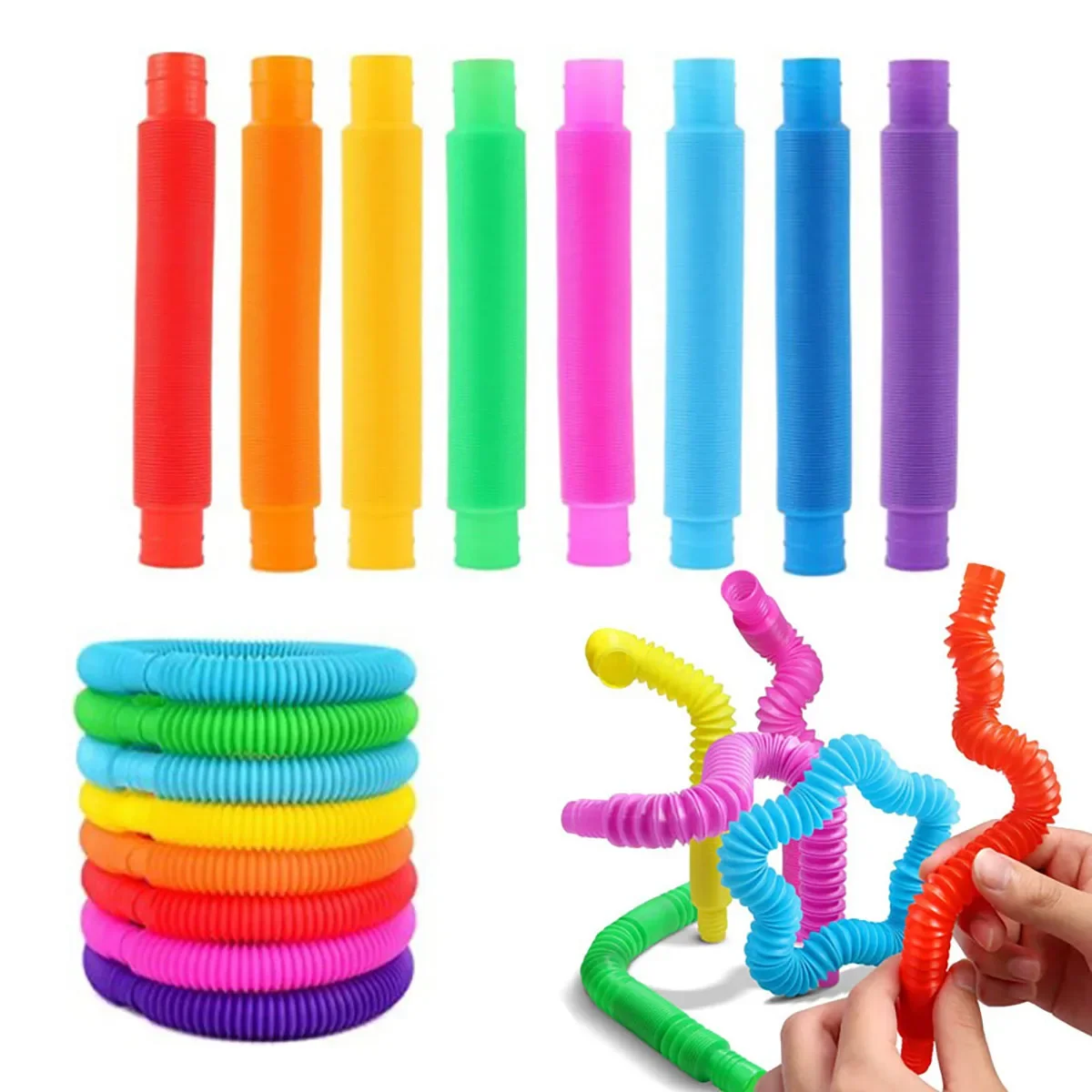 8PCS Colorful Telescopic Tube Pop Tube Stretching Tube Corrugated Tube Children Adult Stress Relief Toy Educational Folding Toys