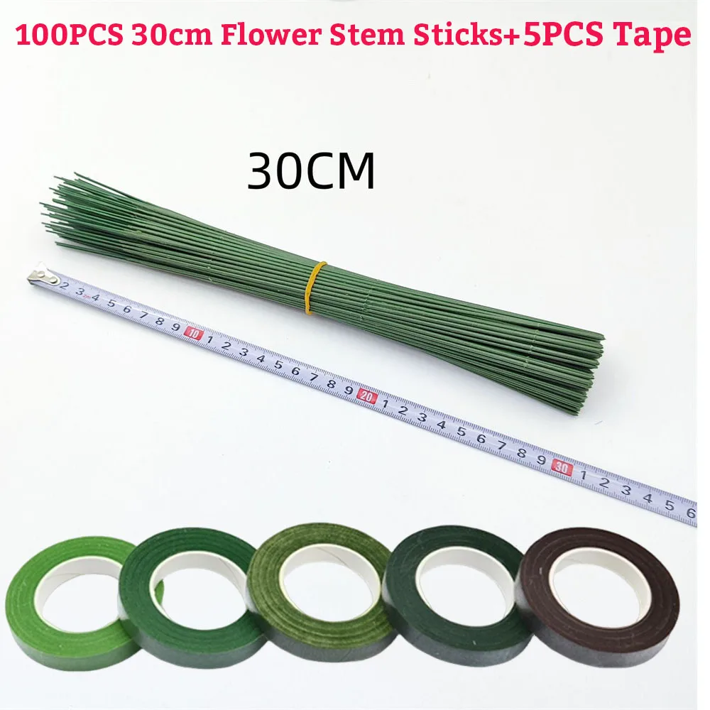 Green Flower Stem Sticks DIY Floral Material Handmade Wire Stem Floriculture Tape Self-adhesive Bouquet Floral Stem Paper Tape