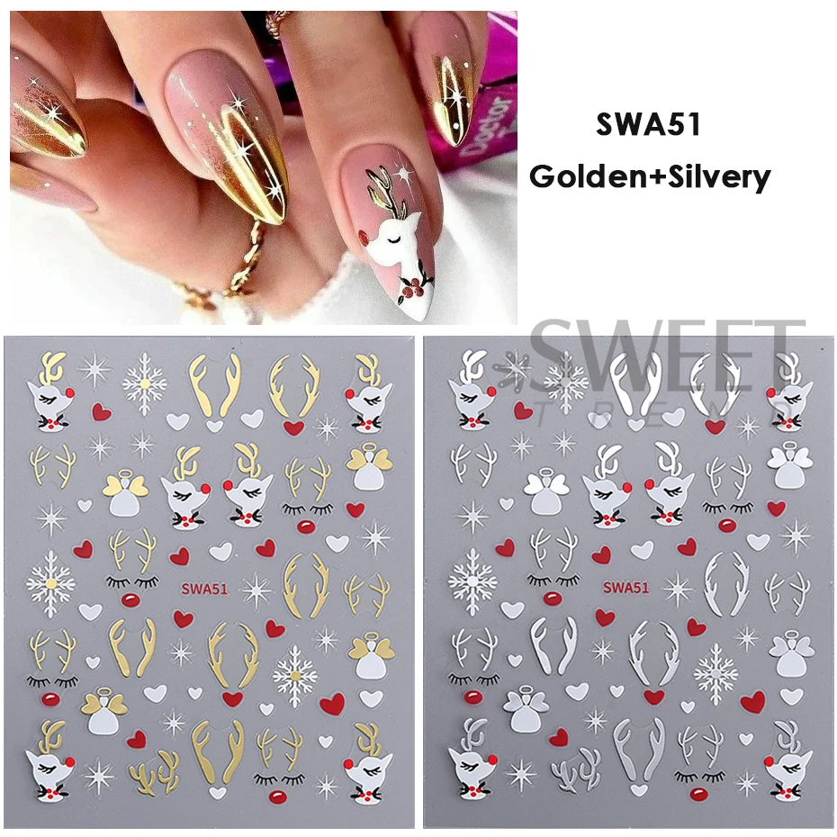 2pcs Gold Silver Christmas 3D Nail Stickers Reflective Glitter Xmas Tree Gingerbread Snowflakes Adhesive Decals Winter Manicure