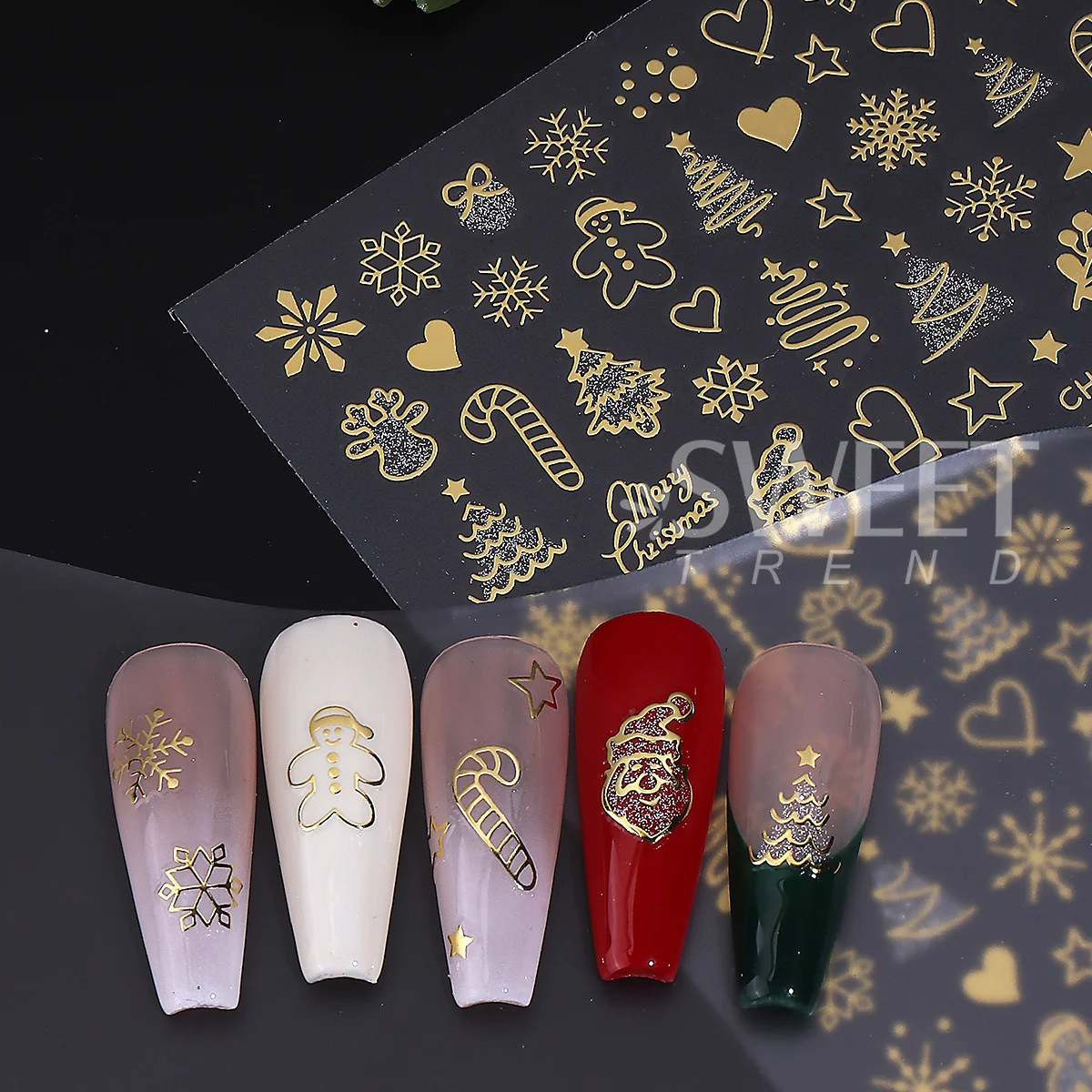 2pcs Gold Silver Christmas 3D Nail Stickers Reflective Glitter Xmas Tree Gingerbread Snowflakes Adhesive Decals Winter Manicure
