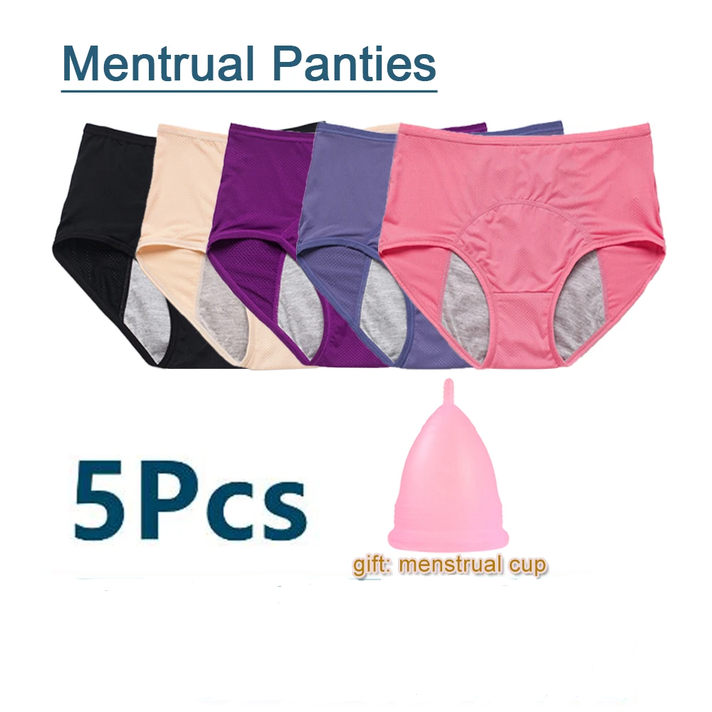5pcs/Set Leak Proof Menstrual Panties Women Period Underwear Sexy Pants Physiological Underwear Plus Size Waterproof Briefs&Gift