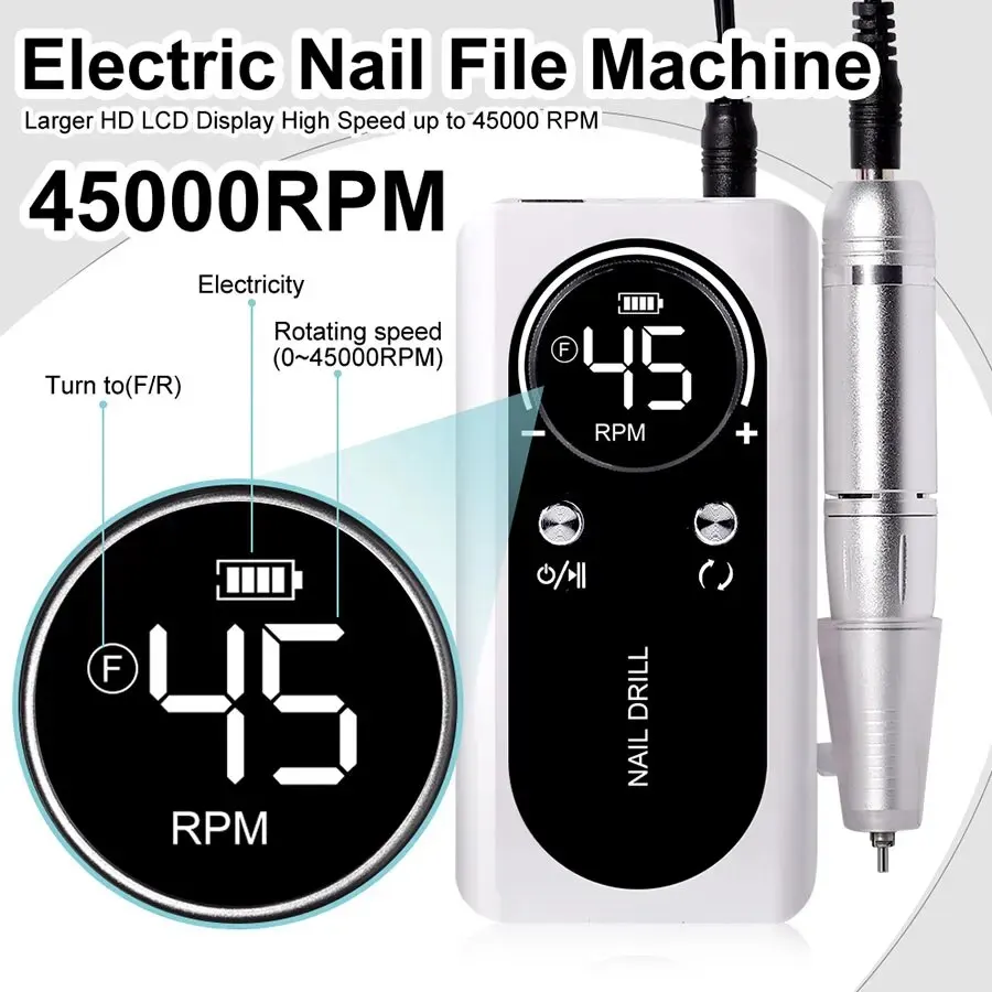 Professional 45000RPM Electric Portable Nail Drill Machine Rechargeable Low Noise Nail Sander File for Manicure Salon Tool Nail Art Equipment