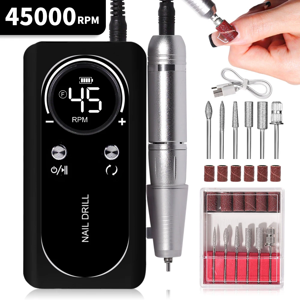 Professional 45000RPM Electric Portable Nail Drill Machine Rechargeable Low Noise Nail Sander File for Manicure Salon Tool Nail Art Equipment