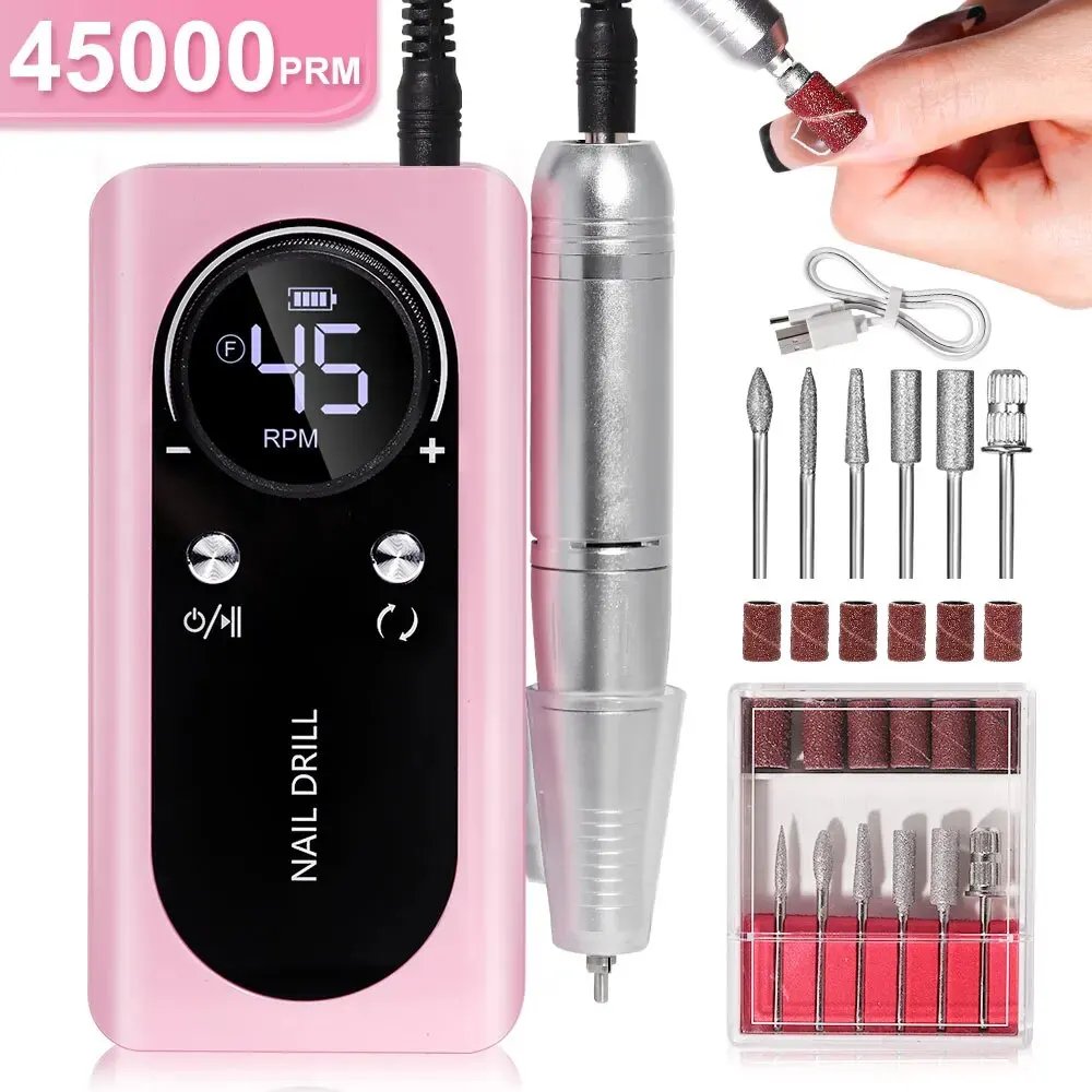 Professional 45000RPM Electric Portable Nail Drill Machine Rechargeable Low Noise Nail Sander File for Manicure Salon Tool Nail Art Equipment