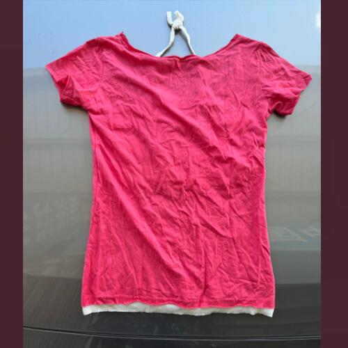 2025 T-shirts fashion summer women's fashionable pink ladies cotton rosy red fake two pieces lady clothing shirt sexy scoop neck short sleeve leisure comfort