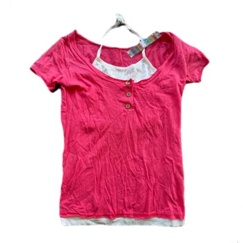 2025 T-shirts fashion summer women's fashionable pink ladies cotton rosy red fake two pieces lady clothing shirt sexy scoop neck short sleeve leisure comfort