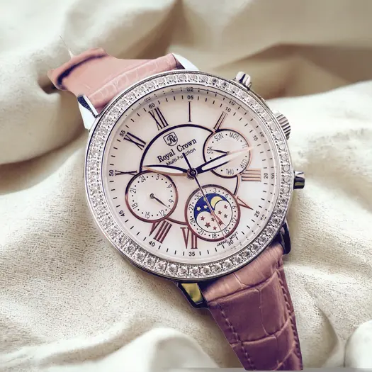 RoyalCrown quartz watches luxury Ladies Leather Straps Rhinestone Watches Women Classcal stainless Waterproof Calendar Fashion Luxurious Business Office Lady birthday gift watch elegant jewelry formal