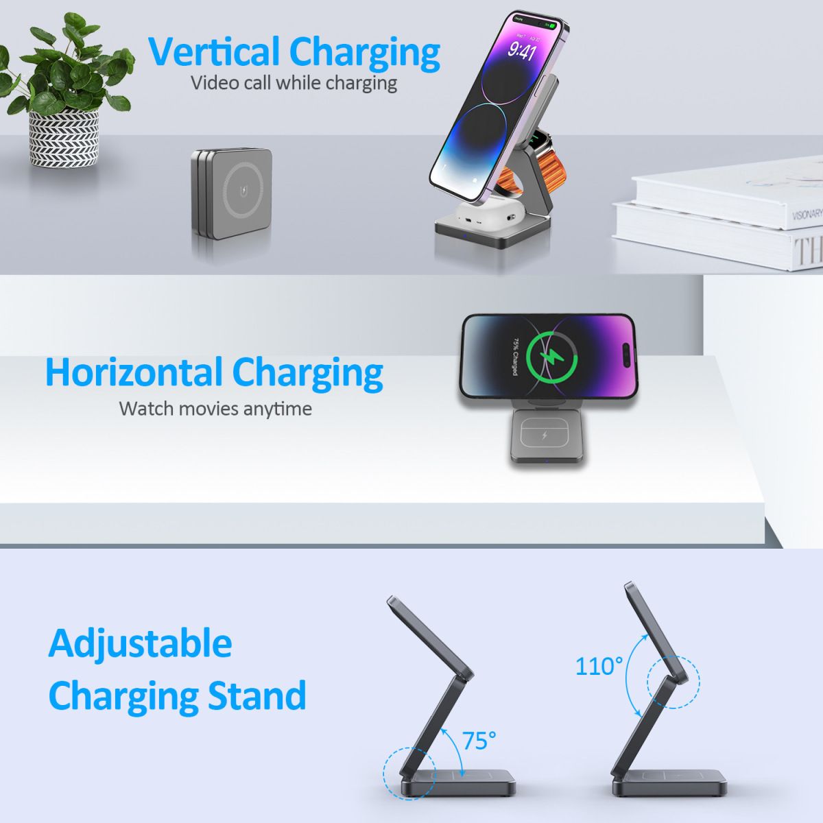 1pc 3in1 Magnetic Folding Wireless Charger Fast Charger for Apple Phone Watch