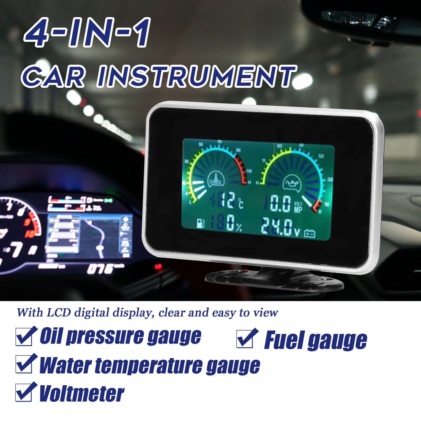 1pc 4-in-1 Car LCD Digital Meter Oil Pressure Voltage Water Temperature Fuel Gauge