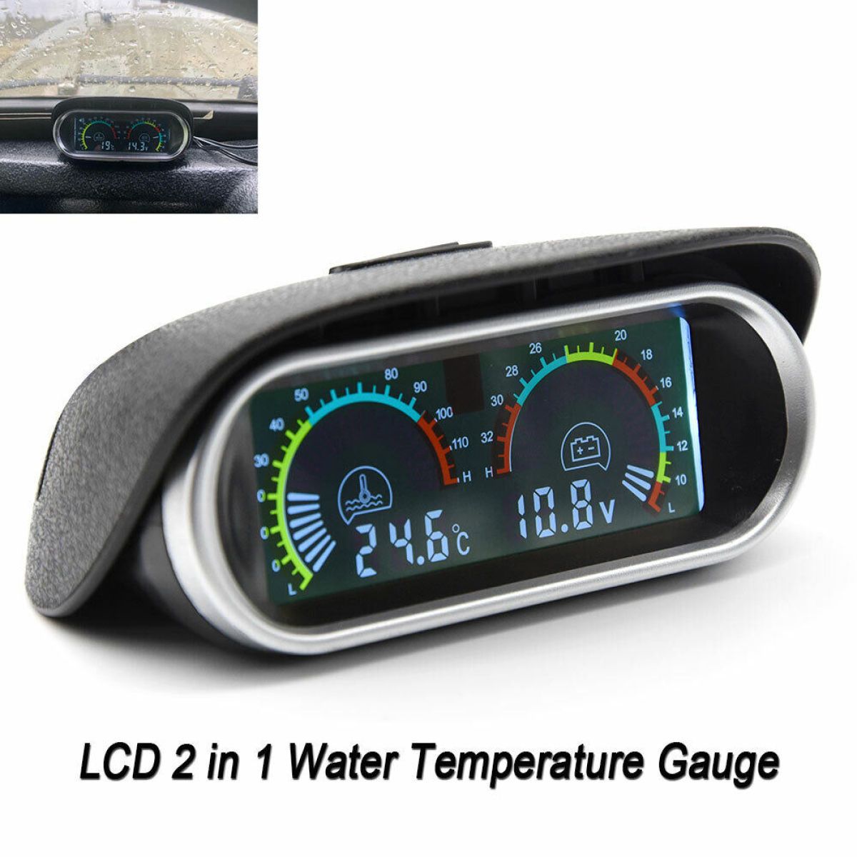 1pc Car LCD 2 in 1 Car Truck Water Temperature Gauge Meter Voltmeter Voltage Gauge
