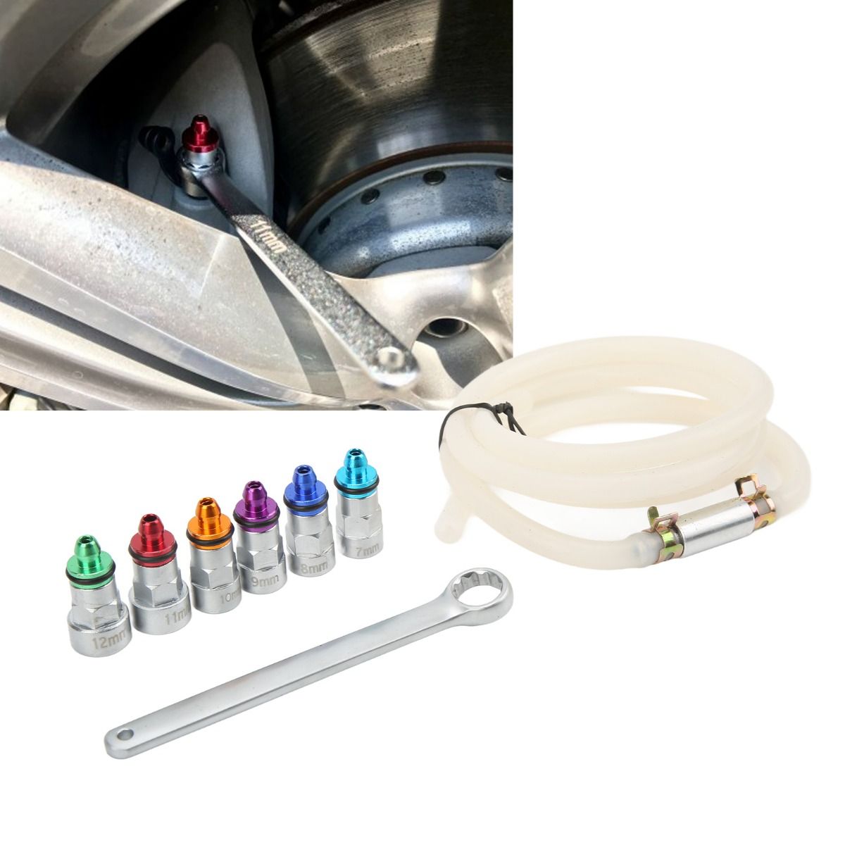 8pcs Brake Bleed Wrench Kit Metal Rubber 7-12mm 6 Adapters 1 Drain Hose Universal for Car SUV Light Truck Motorcycle