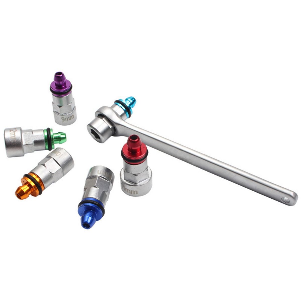 8pcs Brake Bleed Wrench Kit Metal Rubber 7-12mm 6 Adapters 1 Drain Hose Universal for Car SUV Light Truck Motorcycle